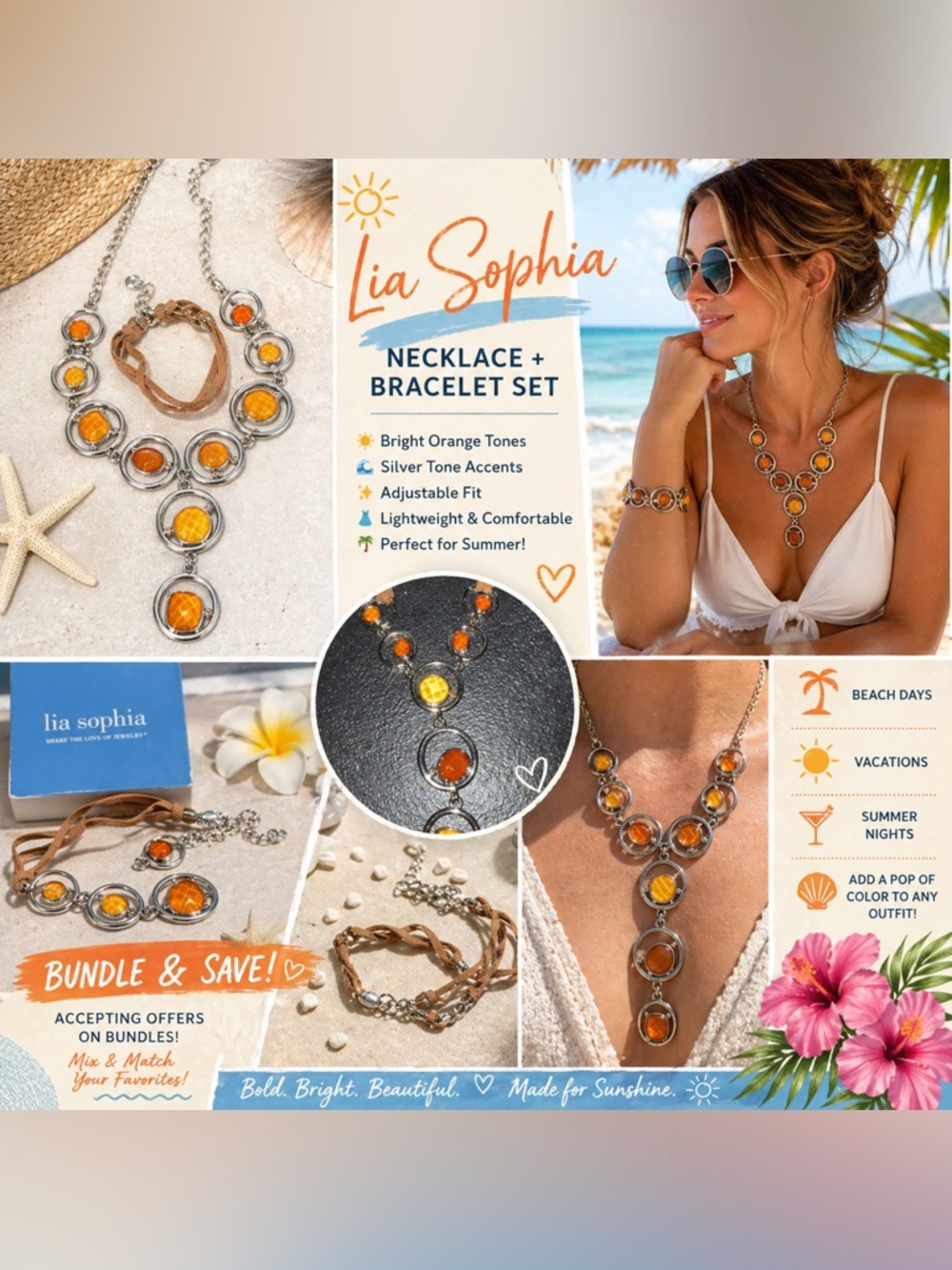 Lia Sophia Bright Orange and Silver Tone Necklace + Bracelet Set